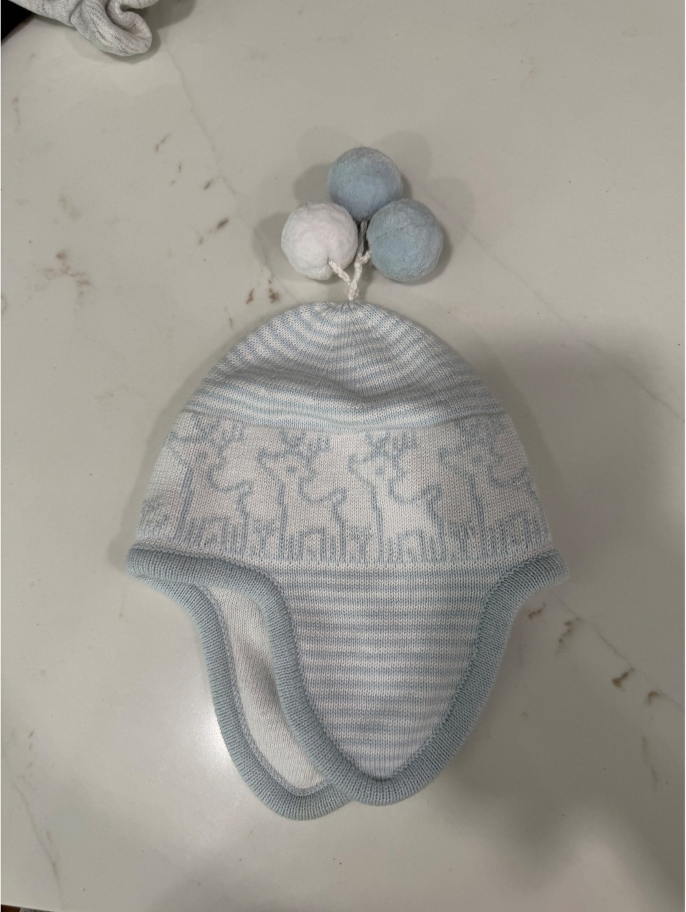 Kissy Kissy Baby Blue and White Knit Winter Hat with Ear Flaps and Pom Poms